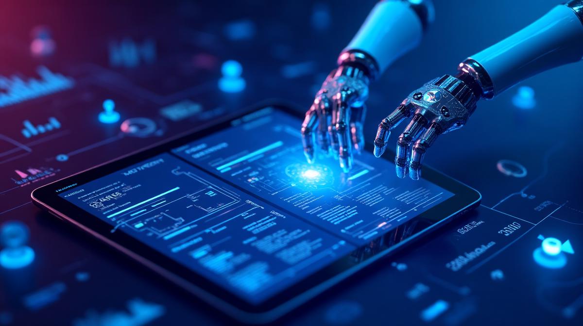 AI Marketing Automation Agency - Robotic hand interacting with marketing automation dashboard